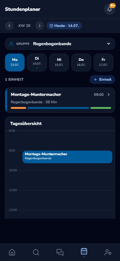 Responsive Smartphone-Ansicht des Stundenplaners mit ausgewählter Gruppe und geplanter Einheit