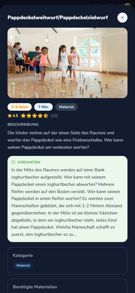 Responsive Smartphone-Ansicht eines Übungsdetails mit Bild, Bewertung, Beschreibung, Variante und Materialien